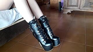 Ankle boots paired with blue very high heels on latina milf stockings