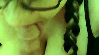 She deepthroats sloppy in glasses on knees again