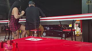 A horny tattooed housewife flashes her pussy outdoors then picks a stud to fill her with cum while her cuckold husband watches