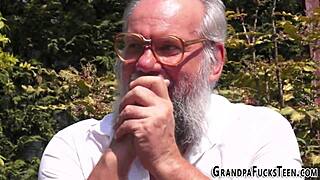 Petite teen bends over jeans for gramps hardcore cumshot