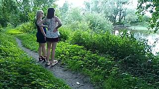two sexy milf and young lady drop skirts roadside for public golden pee shower