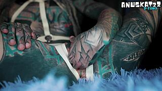 Skinny inked teen squirts hard gaping ass prolapses in wild solo toy fisting