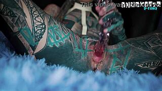 Skinny inked teen squirts hard gaping ass prolapses in wild solo toy fisting