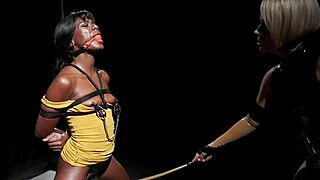 lesbian ebony slave slut tied whipped facesat anal banged by milf domme