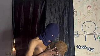 ebony beauty strokes her huge curved dick to orgasm