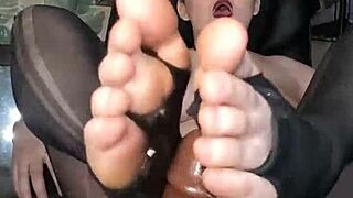 big dildo footjob through torn toes pantyhose