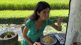 Skinny Teen's Public Cumwalk Cafe Pasta Dripping Semen on Face