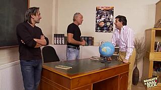 18 year old teen practices exam positions with old guys orgy