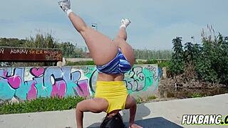 Oily chubby brunette's huge tits bounce in public anal assfucking