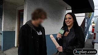 I'm trembling blindfolded as this old guy rams a thick dildo deep into my wet brunette pussy for cash