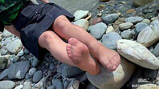 Goddess Teases Cute Nylon Soles Toes Riverside Closeup