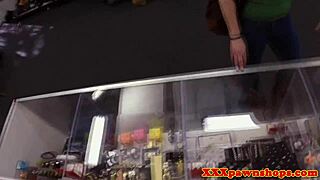 Broke amateur babe spies on pawnbroker for hidden cumshot fuck