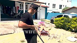 i waited for hubby to leave then fucked the pool boy outdoors in see-through red