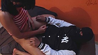 Stepsister learns hard pounding cowgirl on big cock creampie in bed from brother