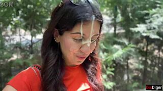 Crazy Brunette Sucks Huge Cock in Bushes for Massive Public Facial Cumwalk