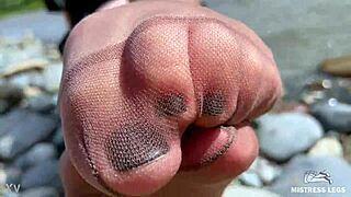 Goddess Teases Cute Nylon Soles Toes Riverside Closeup