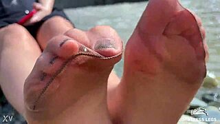 Goddess Teases Cute Nylon Soles Toes Riverside Closeup