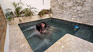 two horny petite latinas finger wet pussies by public pool scared of getting caught