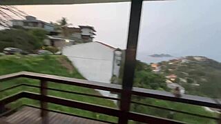 Nerdy latina teen fucks married girl outdoors on balcony risking it all