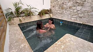 two horny petite latinas finger wet pussies by public pool scared of getting caught