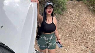 Curvy Colombian Antonella Jones seeks stranger's aid after car mishap leading to outdoor intimacy and swallow