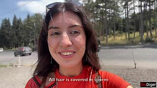 Crazy Brunette Sucks Huge Cock in Bushes for Massive Public Facial Cumwalk