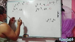 Nerdy asian girl with brown eyes explores erotic math in bedroom