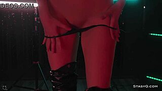 skinny teen angelq strips on stage in ripped lingerie and heels