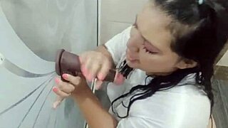 colombian bbw fingers wet pussy in bro's shirt bathroom tease