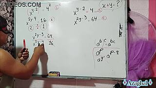 Nerdy asian girl with brown eyes explores erotic math in bedroom