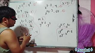 Nerdy asian girl with brown eyes explores erotic math in bedroom