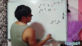 Nerdy asian girl with brown eyes explores erotic math in bedroom