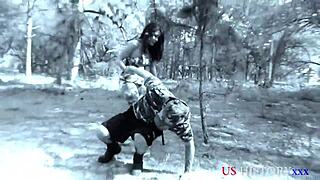 Vietnamese cutie deepthroats vet's cock outdoors!