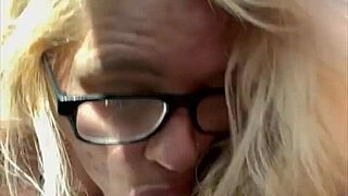 glasses-wearing hooker kneels public for old man's cumshot after cash blowjob!