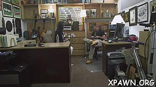 A sexy harlot joins a bold sex contest bending over in shop for rough doggystyle action.