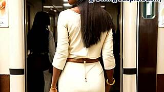 classy milf in leather skirt rides cock on public train