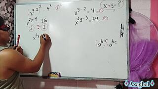 Nerdy asian girl with brown eyes explores erotic math in bedroom