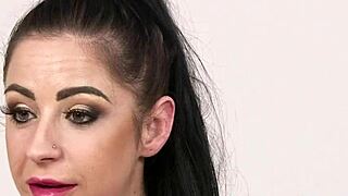 busty uk beauty with tattoos deepthroats cock in heels and stockings for a facial cumshot