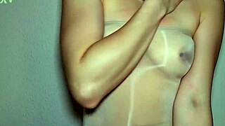 My big boobed mature wife in pantyhose takes huge cum on hairy pussy