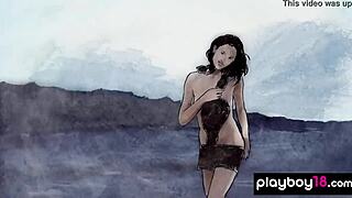 A skinny petite brunette sade mare strips naked on beach revealing shaved tight pussy and small natural tits