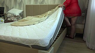 A chubby milf housewife masturbates her hairy pussy while changing sheets