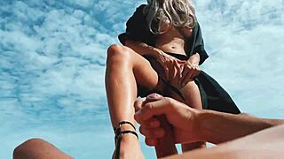 Blonde Milf Jerks Dude's Dick with Feet at Nudist Beach Cumshot!