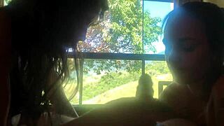 Guy enjoys girlfriend and cousin's intimate kissing and fun together