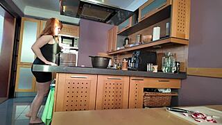 Stepmom bent over kitchen counter takes huge cock doggystyle creampie pounding