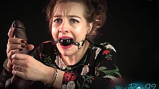 Wanna watch this bound milf housewife gag on dildo while handcuffed?