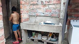 Steamy Shower Surprise: Sucking Neighbor's Monster Cock in Slum Bathroom Bliss