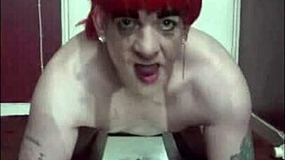 shy bisexual sissy in makeup takes huge dildo ass to mouth deepthroat