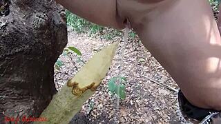 perverted slut's forest piss squirt on wooden stake feels so dirty