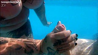 curvy blonde milf and brunette babe threesome pool fuck with huge cocks