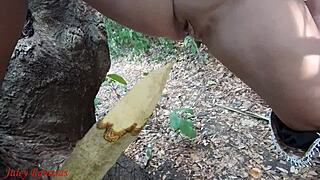 perverted slut's forest piss squirt on wooden stake feels so dirty